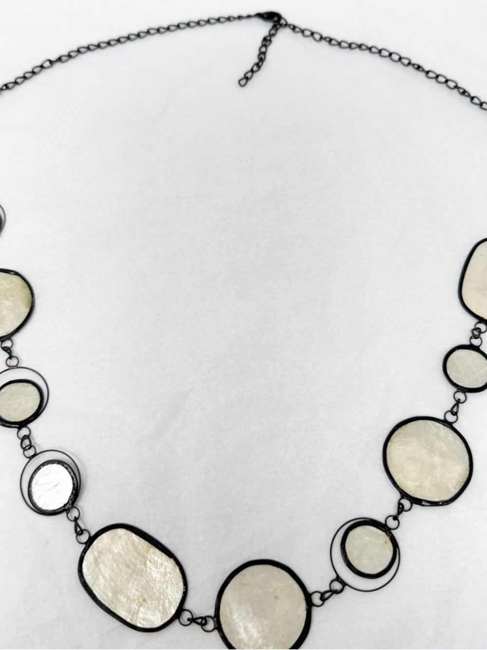 Long Black Metal Shell Necklace Organic Disc Statement Coastal Boho Earthy
